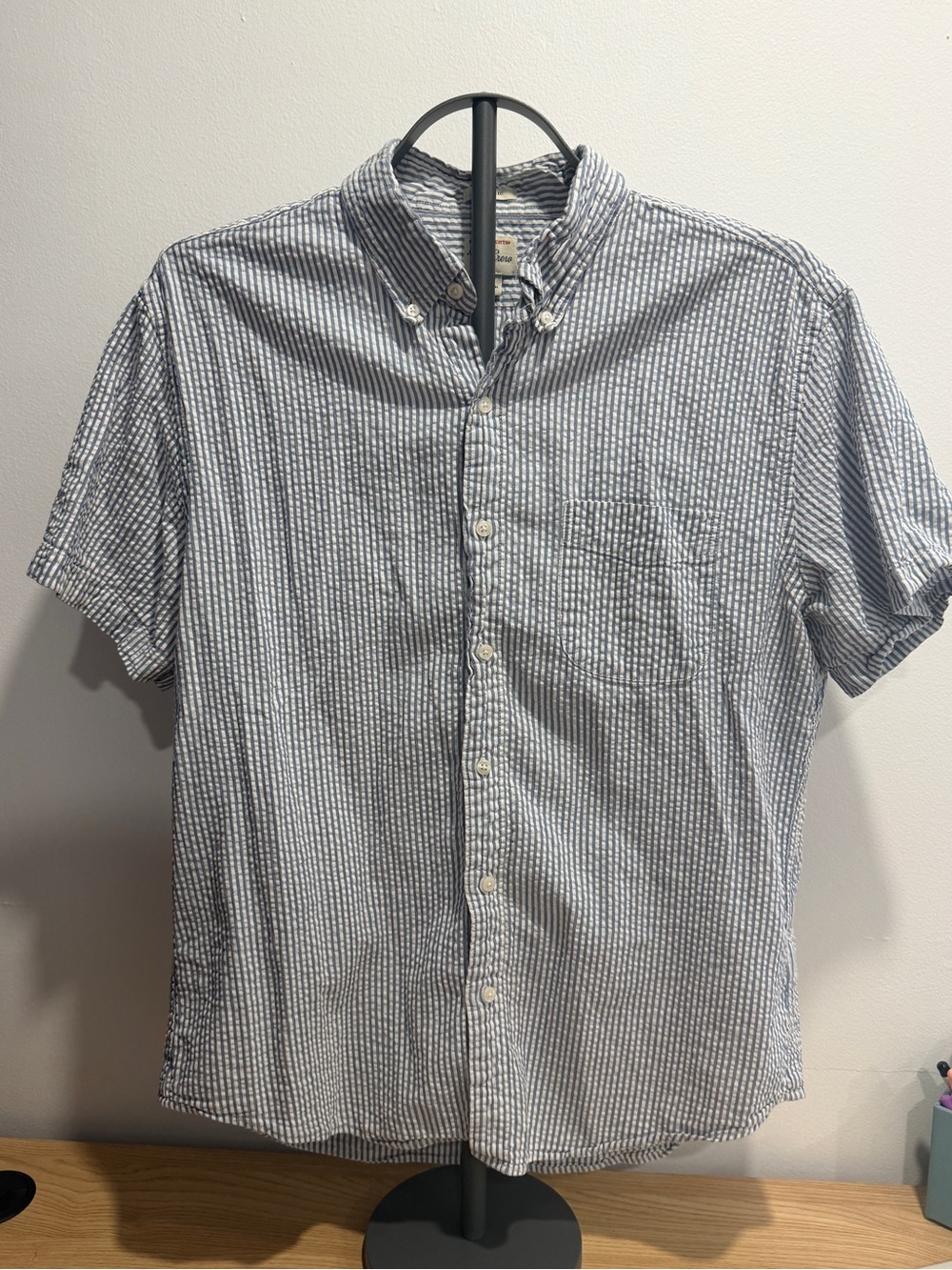 J. Crew Blue and White Striped Seersucker Short-Sleeve Button-Down
